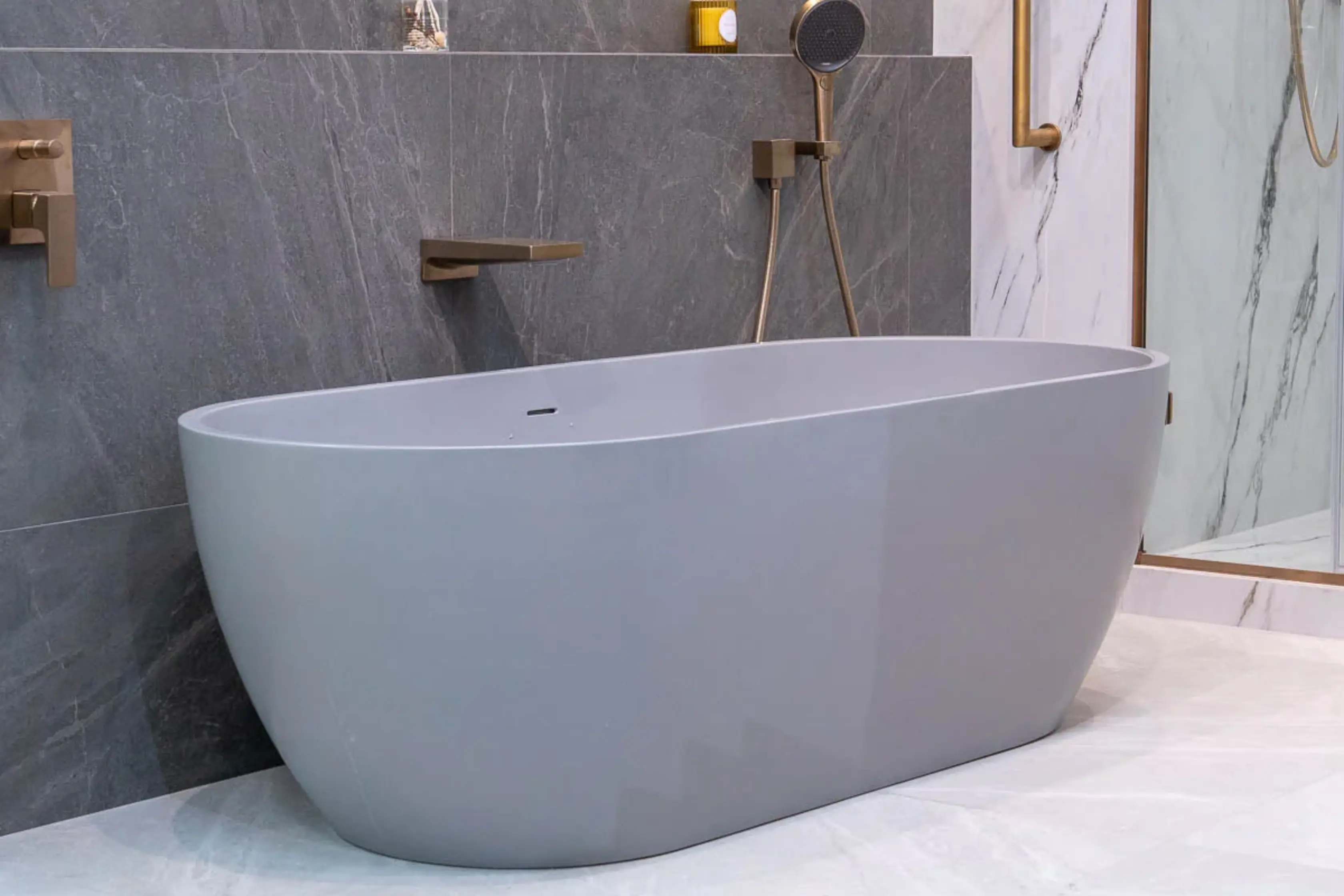 Grey Freestanding Bath In Modern Bathroom En-Suite